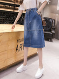 Yipinpay Vintage Denim Skirt Drawstring High Elastic Waist Pockets Streetwear Midi Jeans Skirts Women Oversized Split Bottoms