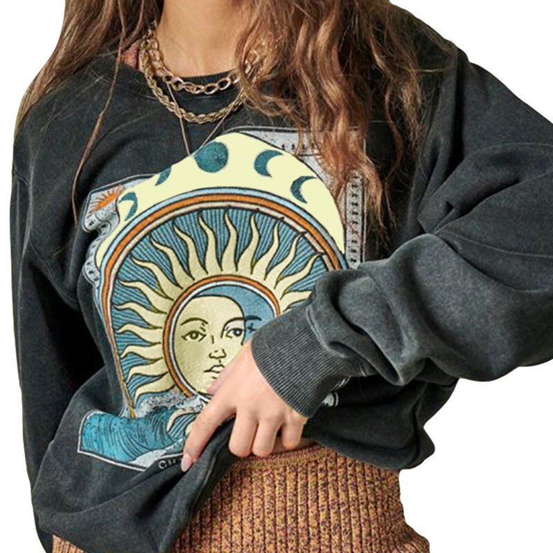Yipinpay Women's Spring Autumn Casual Long Sleeve Sweater Vintage Painting Printing Pullover Sweatshirt Women's Clothes Daily Wear 2023