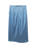 Yipinpay Knot Satin Skirt Women Blue High Waist Midi Skirt Woman Long Skirts For Women Fashion 2023 Chic And Elegant Woman Skirt