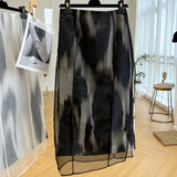 Yipinpay Jupe 2023 Long Skirts for Women Faldas Largas High Waisted Black White Organza Skirts Y2k A Line Ink Printed Summer