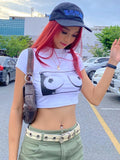 yipinpay Sleeve T-Shirts Y2K Clothes O Neck Baby Tees Summer Graphic T-Shirt 2000s Top Women Streetwear White Crop Tops Slim