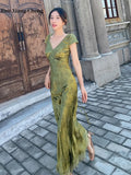 Yipinpay Women's Long Dress New In Female Turquoise Green V-neck Backless Satin Jacquard Waist Slim Chic and Elegant Sexy Dress