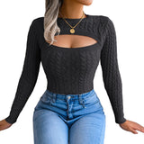Yipinpay Winter Cutout Knit Sweaters Clothes for Women 2023 2023 Vintage Long Sleeve Cable Knit Round Neck Slim Cropped Sweaters