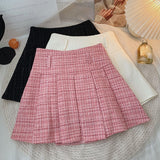 Yipinpay Tweed Belt Pleated Skirt Women Fashion 2023 Autumn Winter Elegant Cute High Waist Solid A-line Mini Skirt Office Ladies