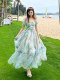 Yipinpay Summer French Elegant Floral Midi Dress Woman Puff Sleeve Vintage Fashion Dress Office Lady Beach Style Party Sundress Chic