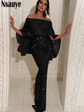 yipinpay 2023 Bling Glitter Elegant Party Evening Maxi Dress Y2K Bodycon Sexy Women Summer Off Shoulder Ruffles Solid Long Dresses