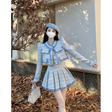 Yipinpay Fragrance Blue Tweed Coat Elegant Pink Tassel Jacket Short Pleated Skirts Woolen 2 Piece Sets Crop Blazers Tops Autumn