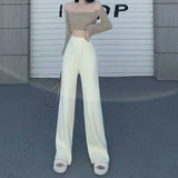Yipinpay Mujer Autum Winter Trousers High Waist Knit Pink Wide Leg Pants Women Wild Ankle Length