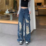 Yipinpay Streetwear Straight Pants Ladies Ripped Baggy Jeans High Waist Loose Wide Leg Pants Ladies High Street Denim Trouser