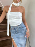 Yipinpay Women Ruched Bandeau Casual Summer Off-Shoulder Backless Sleeveless Crop Tops With Long Scarf Streetwear Club Wear