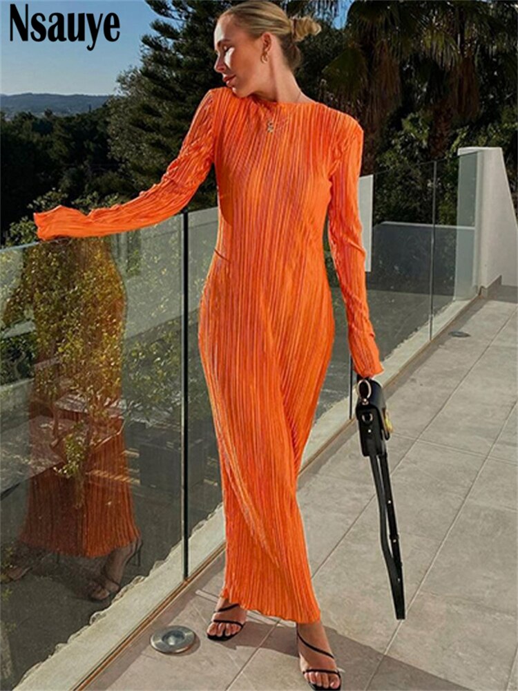 yipinpay Basic Black Orange Maxi Bodycon Long Sleeve Pleated Dress For Women 2023 Plisse Casual O Neck Sexy Dress Party Night