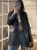 Yipinpay Black Leather Moto Jacket High Street Chic Loose Leather Suit Blazers Streetwear Ladies Fashion Trend Thin Biker Coat New