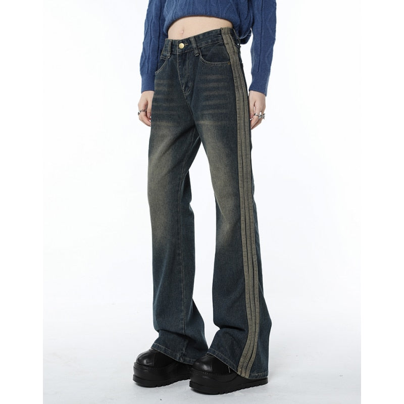 yipinpay Blue Jeans Women Stripe American Fashion Streetwear Bottoms Wide Leg Jean Female Baggy Trouser Straight Denim Pants