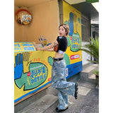 Yipinpay Green Floral Y2k Fashion Denim Jeans Pants For Womens Camo Hot Straight Loose Cowboy Trousers Trend Wide Leg Women