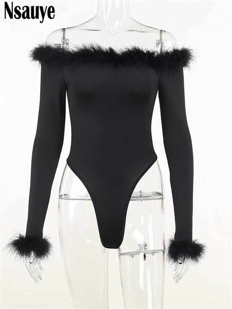 yipinpay 2023 Skinny Long Sleeve Women One Pieces Feathers Patchwork Sexy Club Bodysuit Off Shoulder Fashion Y2K Body Tops Rompers