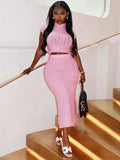 yipinpay Dress Set Short Sleeve Crop Top High Waist Long Skirt Suit Pink Matching Sets Women Outfit Streetwear Chic Two Piece Set