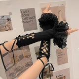 Yipinpay Women's Y2K 2000s Fingerless Gloves Cross Tie-up Elbow Length Arm Warmers Sleeves Lolita Costume Accessories