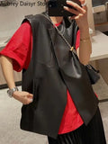 Yipinpay Black Leather Vest Women Chic Irregular Design Biker Leather Vest Fashion Trend Loose Thin Pockets Sleeveless Vest