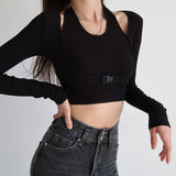 Yipinpay Sexy Slim Long Sleeve T-shirts Hollow Out Crop Top Women Tunics Kpop Button Patchwork T Shirt Fake Two-piece Streetwear