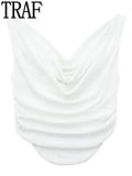 Yipinpay 2023 Pink Crop Top Women Ruched Tank Tops Y2k Streetwear Sleeveless Sexy Tops Woman Fashion Asymmetric Summer White Top