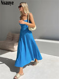 yipinpay Autumn 2023 Knitted Strap Blue Sweater Dress Maxi Backless Women Y2K Summer Sexy Club Long Pleated Dress Elegant