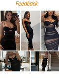 Yipinpay Women Dresses Summer 2023 Bodycon Dress Black Ruched Dress Midi Sexy Mesh Dress Halter for Evening Party Club