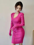 Yipinpay Women Dresses 2023 Lady Fashion Sexy V Long Sleeve Single-breasted Women Knitted Dress Bodycon Knee Wild Vestido Mujer Robe