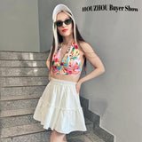 Yipinpay Kawaii Cute Mini Skirt Women Korean Fashion Patchwork Fairycore High Waist Fluffy White Skirt Vacation Outfits Summer