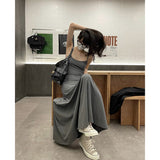 yipinpay Women's Clothing Sling Grey Dress French Retro Romantic Feminine Temperament Long Dress Design Sense Summer 2023 Slim Dress