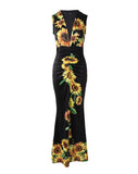 Yipinpay Dresses Women Plunge Sunflower Print High Slit Party Skinny Dress Sexy Party Evening Dress Fashion 2023 Summer Casual