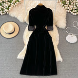 Yipinpay Vintage Maxi Pocket Single-Breasted Black Velvet Dress for Women Long Vestidos Mujer Party Autumn Winter Clothes A Line Robe