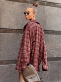 Yipinpay Street Style Red Plaid Shirts Women Irregular Long Sleeves Oversized Blouses Spring 2023 Loose Gingham Tops Trendy