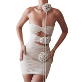Yipinpay Women Vintage Bandeau Bodycon Solid Color Hollow-Out Strapless Wrap Party Club Mini Skinny Dress with Flower Choker