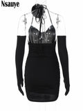 yipinpay 2023 Evening Sexy Party Birthday Fashion Summer Club Halter Mini Bodycon Dress Backless Women Elegant Dress With Gloves