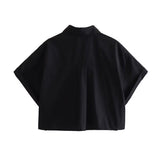 Yipinpay Black Crop Top Women Short Sleeve Cropped Shirt Woman Fashion Loose Summer Blouses For Women 2023 Collared Button Up Shirt