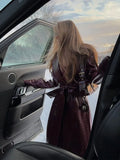 Yipinpay Women Vintage Wine Red Lapel Long Pu Coats With Belt Autumn Fashion Double Breasted Overcoat Female Elegant Leather Streetwear