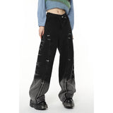 yipinpay Black High Waist Women Jeans Gradient American Fashion Streetwear Wide Leg Trouser Female Baggy Irregular Denim Pants