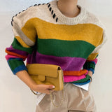 Yipinpay Vintage Contrast Oversized Sueter Fairy Grunge Pullover O Neck Rainbow Sweaters Winter Striped Knitting Sweater Women