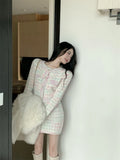Yipinpay Cropped Rainbow Cardigan Tweed Jacket Korean Chic Fall Wrap Hip Skirt Sets 2 Piece Sets