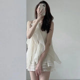 Yipinpay Dress Vintage Hanging Neck Layer Ruffle Sleeveless Sling Dress Short Sexy Green Chiffon Dresses Robe Vestidos Mujer Korean