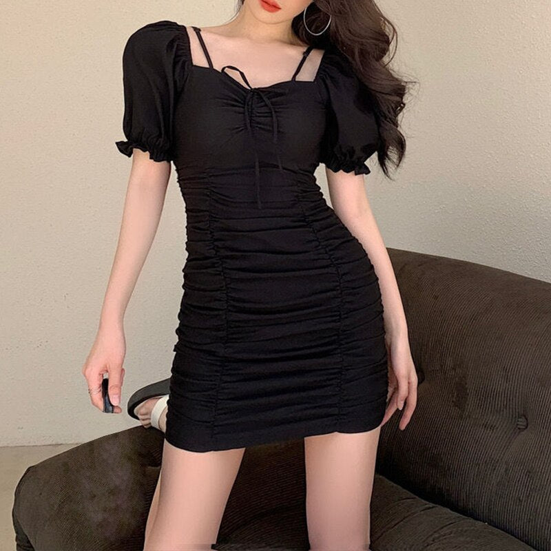 Yipinpay Temperament Solid Color Puff Sleeve Drawstring Ruched Short Dress For Dating Shopping Ladies Sexy Slim Mini Skirt Girls