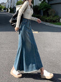 Yipinpay Casual Loose Tassel Long Women Denim Skirts Autumn Winter Vintage HIgh Waist Pocket Female Jeans Skirts