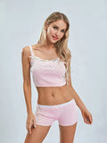 Yipinpay Women Y2K Vintage 2PCS Heart Hollow Lace Trim Bow Pajamas Sets Sleeveless Lace Trim Camisole+Low Waist Elastic Shorts
