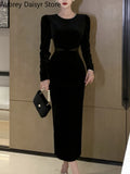 Yipinpay Velvet Black Midi Dress Women Elegant Chic Designer Long Sleeve Dress Sexy Casual Evening Party Formal Occasion Dress New