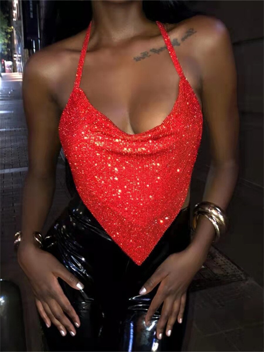Yipinpay Sparkly Rhinestones Glitters Halter Crop Tank Tops Sexy Women Backless Chains Linked Sleeveless Vest Tops for Club Party