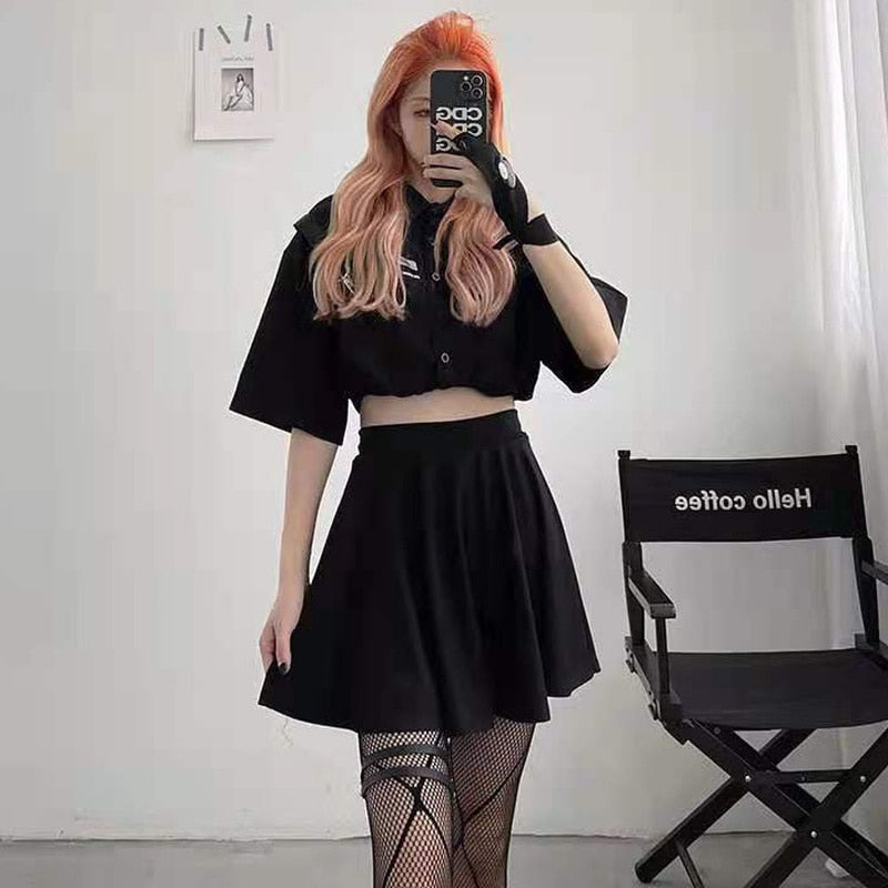 Yipinpay Black Skirt Gothic Grunge Women Goth Egirl High Waist A-line Mini Skirt Shorts Dark Academia Summer Harajuku Streetwear