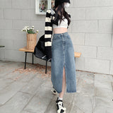 Yipinpay Blue Washed Denim Midi Skirt For Women Fashion Y2k Casual Loose Straight Long Skirts Jeans Knee Length A Line Waist Female