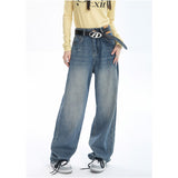 yipinpay Women Blue Jeans Contrasting Colors High Waist American Street Wide Leg Pants Fashion Baggy Vintage Straight Autumn New Trousers