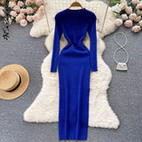 yipinpay Slit Maxi Dress O Neck Knitted Dress Y2k 2023 Autumn Winter Long Sleeve Sweater Dress Hollow Out Bodycon Dresses for Women