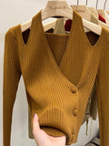 Yipinpay Sexy Retro V Neck Christmas Red Sweaters Irregular Hollowed Out Collarbone Hanging Neck Sweater Knitted Top Grunge Shirts